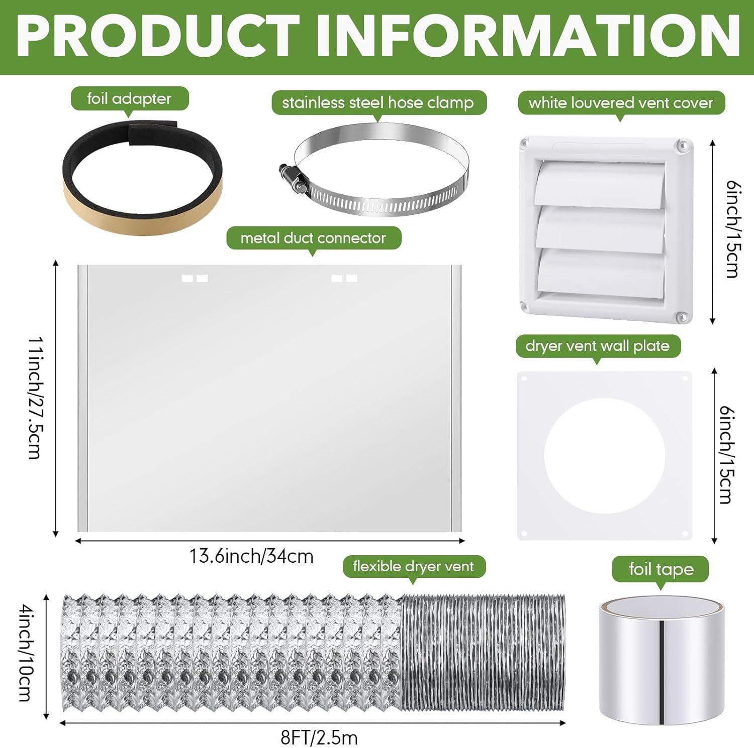 B.IVW 4 Inch Dryer Vent Kit, 7-in-1 Complete Installation Set with Hose, Connector, Wall Plate & Accessories for Dryer & Bathroom Exhaust Fan