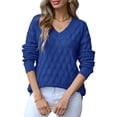 thumbnail image 3 of Women'S V Neck Hollowed Out Sweater Long Sleeve Knit Pullover Sweater Blue S, 3 of 9