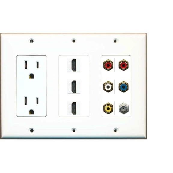 Ultra Spec Cables 15A Power Outlet 3 HDMI RCA 2-Red 1-White/Yellow/Blue Coax Wall Plate
