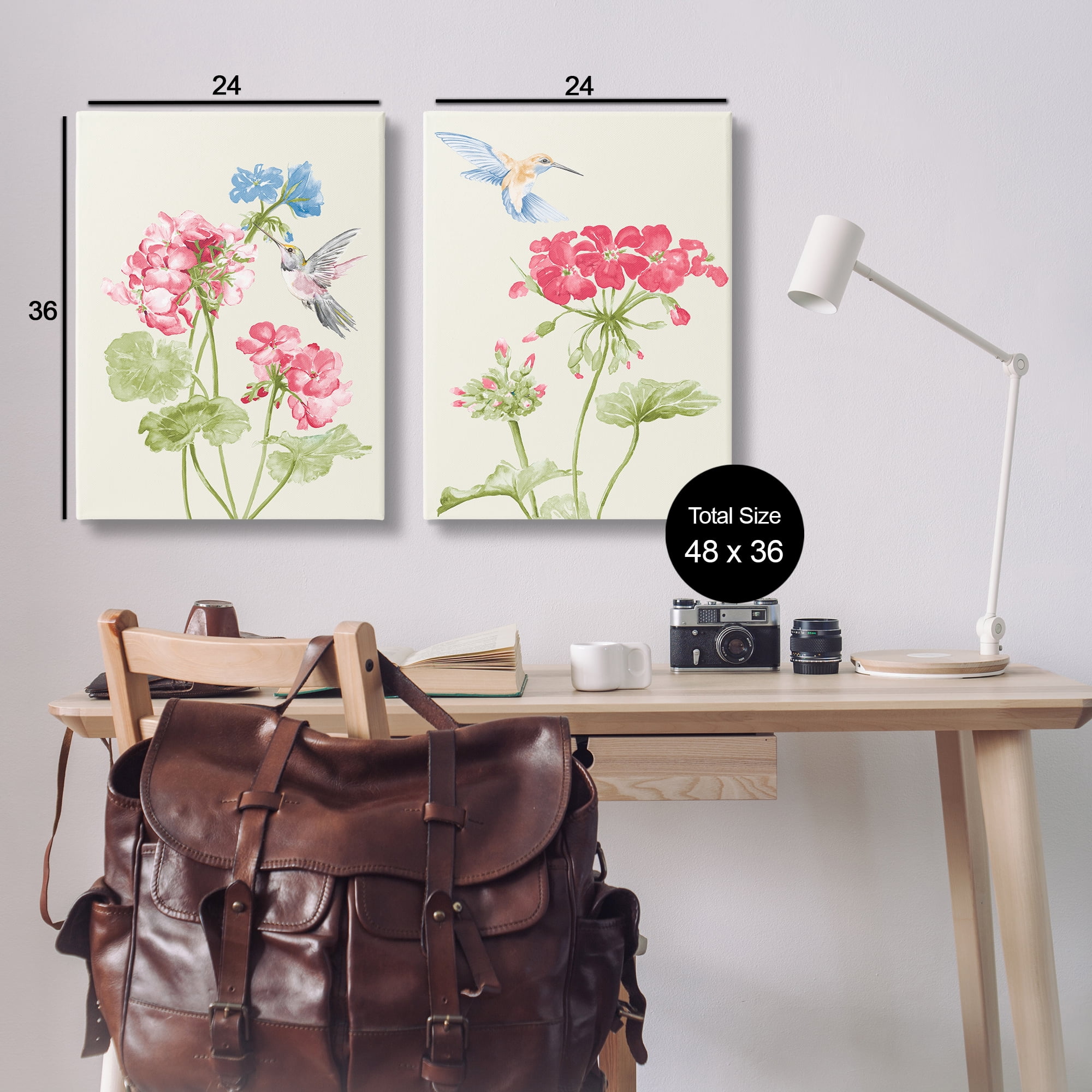 Stupell Industries Pink Geranium Hummingbirds Plants & Flowers Painting Wrapped Canvas Art Print Wall Art, 24 x 36, Set of 2