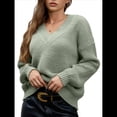 thumbnail image 3 of Suéter de Larga con Cuello en V para Mujer, Suéter Holgado de Punto Grueso de Gran Tamaño. Verde L, 3 of 8