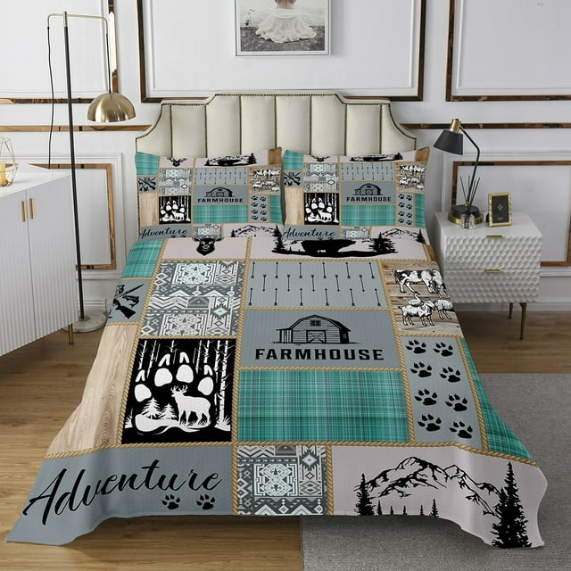 Erosebridal Rustic Adventure Bedspread Sets Queen Size, Jungle Hunting Coverlet Set Queen, Patchwork Bed Quilt, Super Cozy Room Decorative, 3pcs