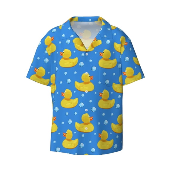 Kuqiui Cute Yellow Rubber Ducks Print Men's Button Down Shirts Short Sleeve Casual Shirts Hawaiian Shirts Vacation Wedding Shirts with Pocket-3X-Large