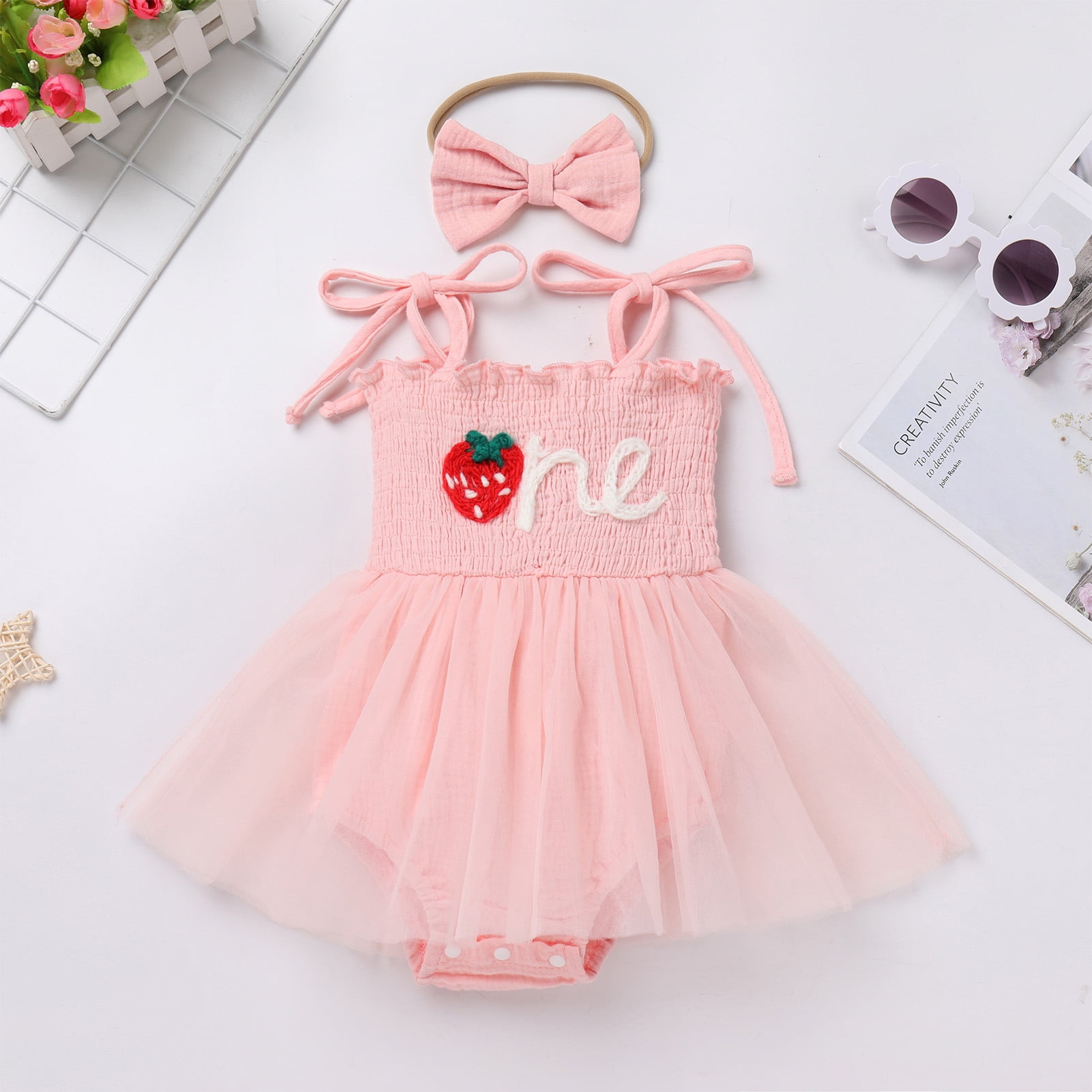 IDOPIP Baby Girls 1st Birthday Outfit Spaghetti Straps Romper Dress with Headband Cake Smash Outfit