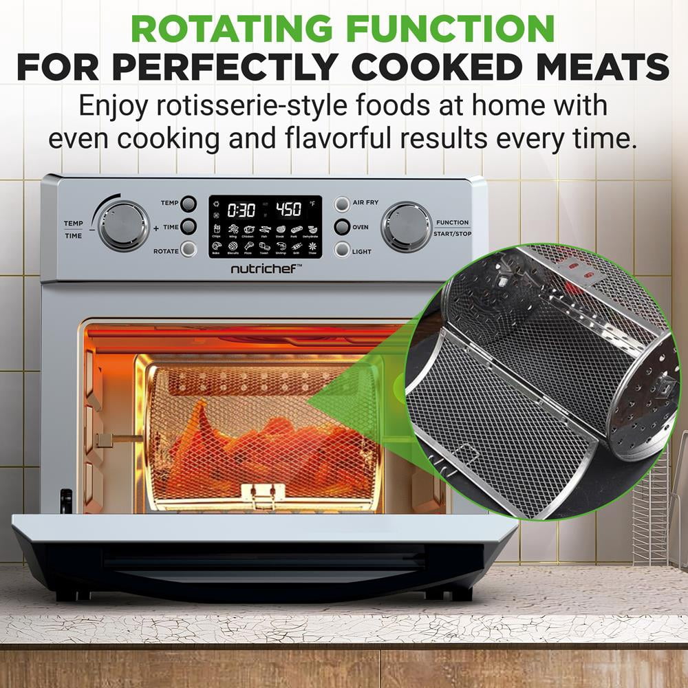 NutriChef 26L Electric Air Fryer Oven, 1700W Countertop Rotisserie & 360° Air Fryer with 10 Presets, Drip Tray, Fry Basket & Bake Rack, 15x16x14, Stainless Steel