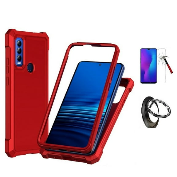 Phone Case for Cricket Ovation 3/AT&T Motivate Max, Full Body Soft TPU Cover Case with Tempered Glass   Ring (Red)