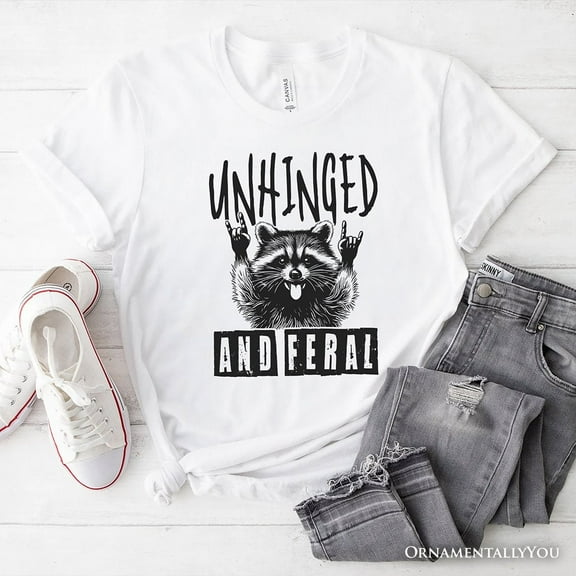 Unhinged and Feral Raccoon T-Shirt, Funny Rock Hands White and Natural Tee for Wild People