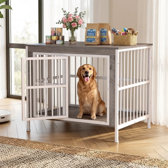 YOKWOK 78 Inch Dog Crate Furniture for Large Dogs, XXL Thick Wooden Dog Kennel with Removable Divider, Double Doors Design, Extra Large Heavy Duty Indoor Dog Cage, Ivory