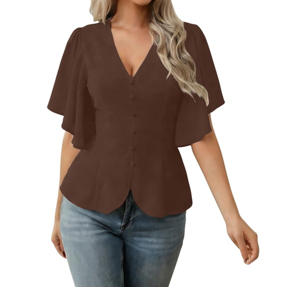 Jerdar Women's V Neck Chiffon Blouse Ruffle Sleeve Ladies Work Shirts M