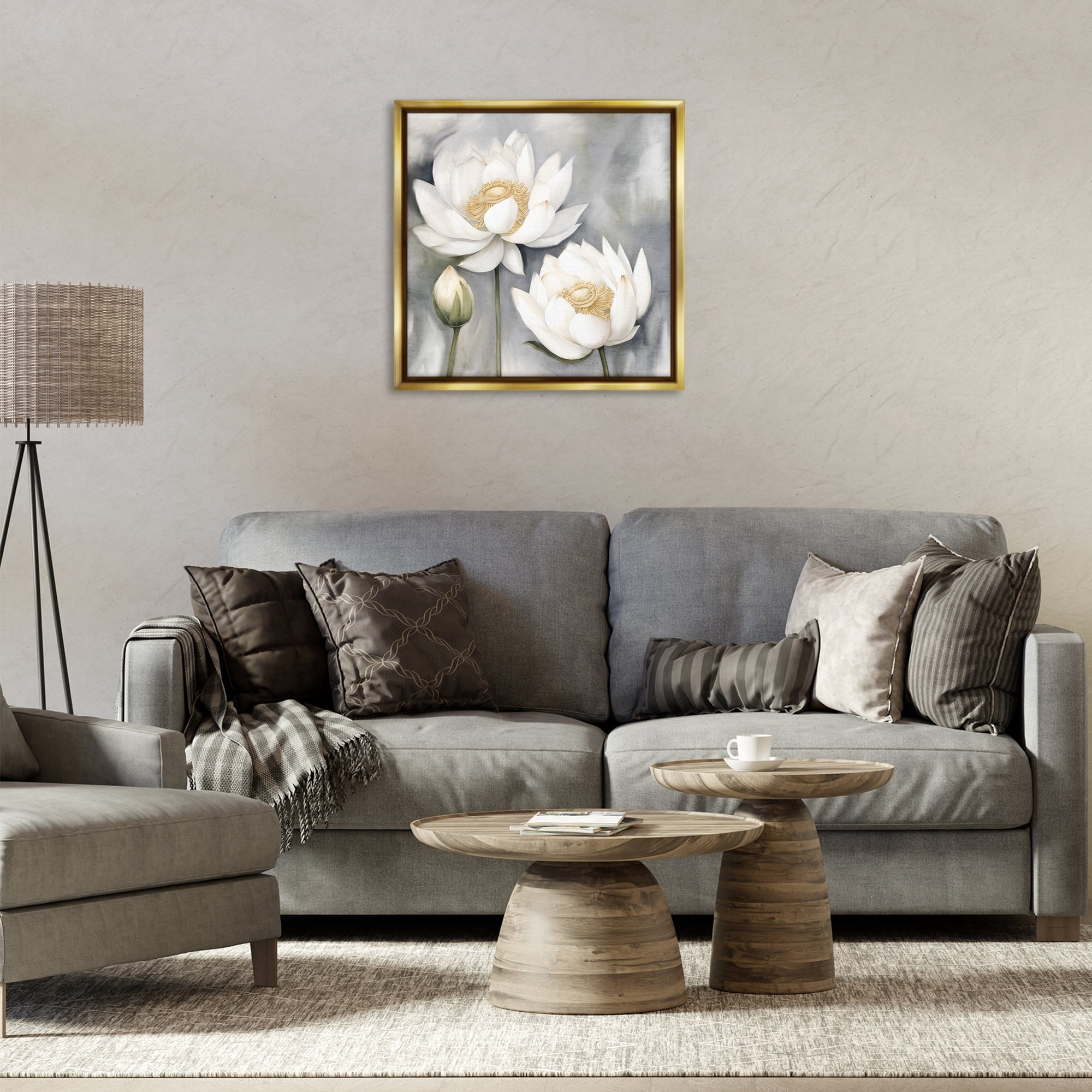 Stupell Industries White Lotuses on Grey Plants & Flowers Painting Gold Floater Framed Canvas Art Print Wall Art, 25 x 25