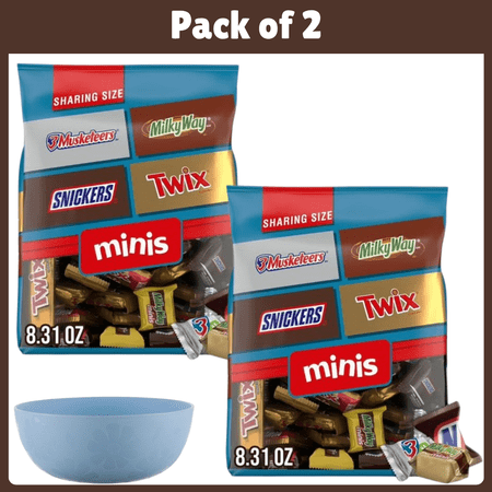 Pack of 2 Snickers  Twix & More Minis Chocolate Candy Bars Variety pack - 8.31 oz Bag-With Bowl