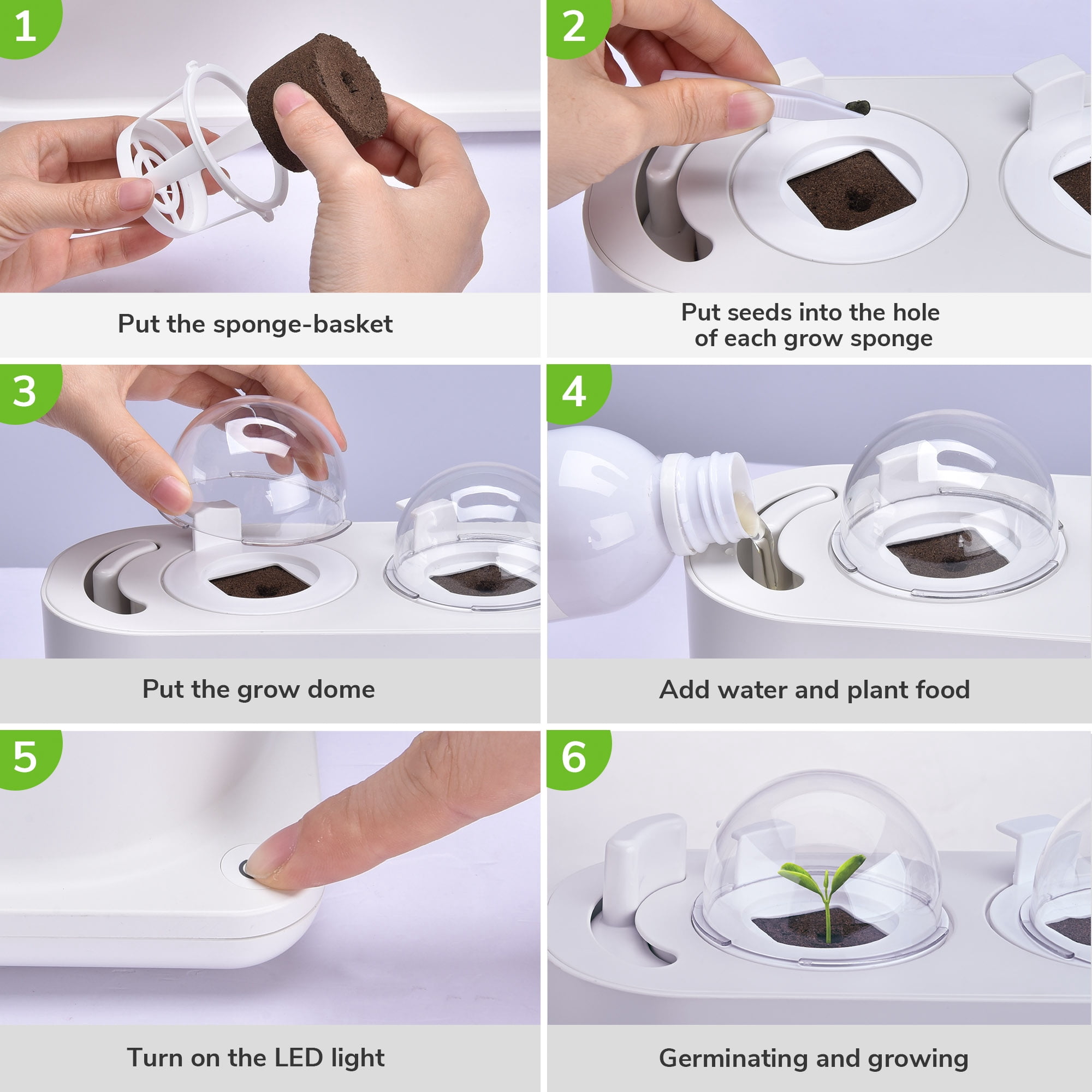 Yescom 3 Pots Hydroponic Growing System Plant Germination Kit with LED Light Indoor Herb Garden Home Kitchen