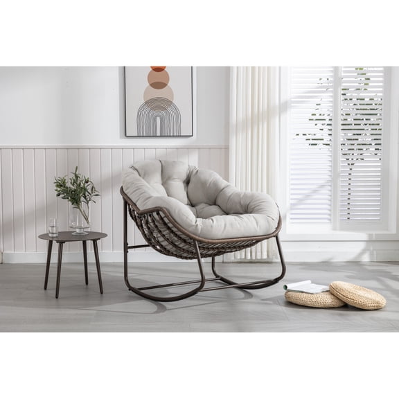 Outdoor Rattan Rocking Chair,Padded Cushion Rocker Recliner Chair Outdoor for Front Porch, Living Room, Patio, Garden, Beige