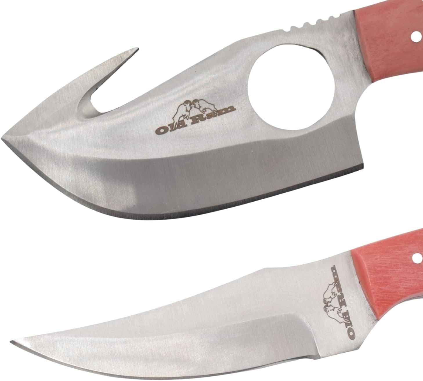 Old Ram Handmade 2-Piece Camping Hunting Skinner Knife Set, Pink Bone Handle, Stainless Steel Blades with Sheath