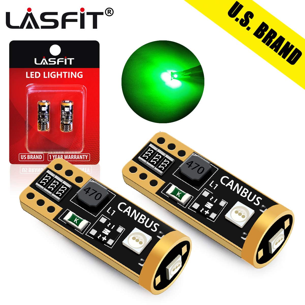 Lasfit T10 168 194 2825 T10 Green LED Interior Courtesy Light Bulb Super Bright