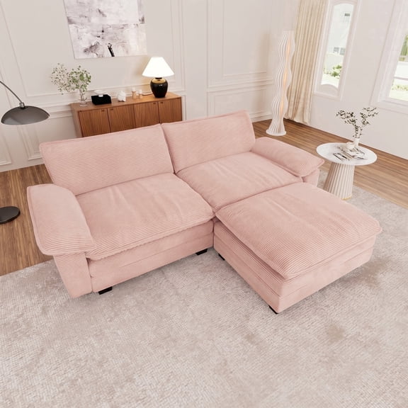 Muumblus Oversized Modular Sectional Cloud Sofa with Ottoman, L-Shaped 2-Seat Corduroy Couch for Living Room, Pink