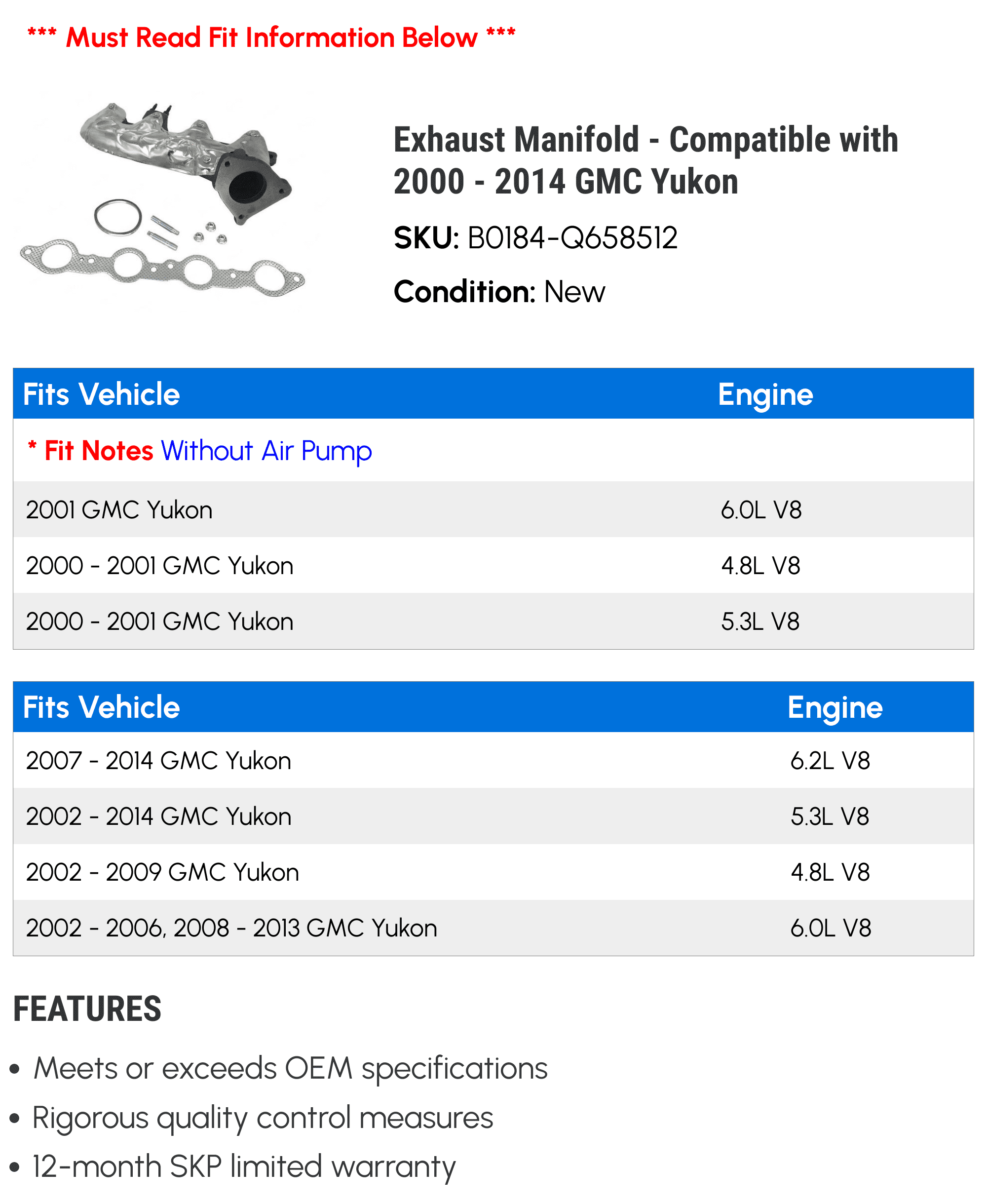 Exhaust Manifold - Compatible with 2000 - 2014 GMC Yukon 2001 2002 2003 2004 2005 2006 2007 2008 2009 2010 2011 2012 2013
