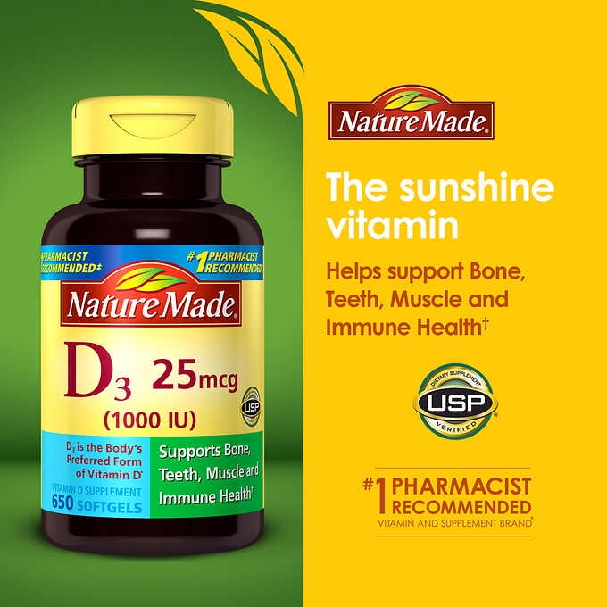 Nature Made Vitamin 25MCG D3 1000 IU, 650 Softgels - Walmart.com