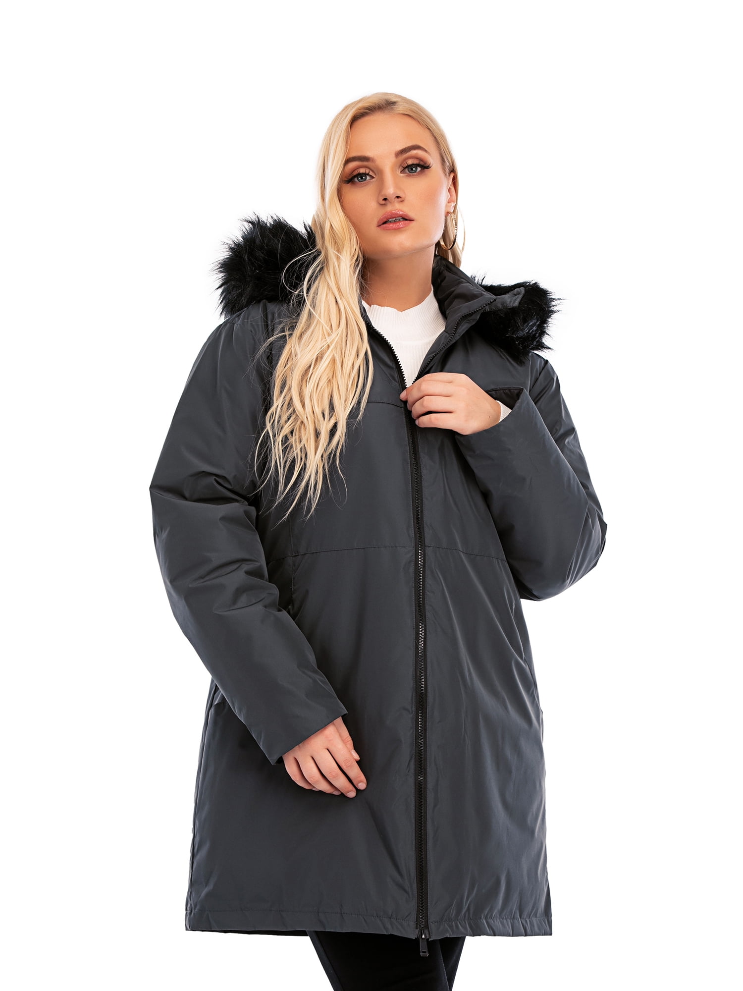Wacanda Women Winter Plus Size Long Hoodie Coat Warm Hooded Jacket Zip