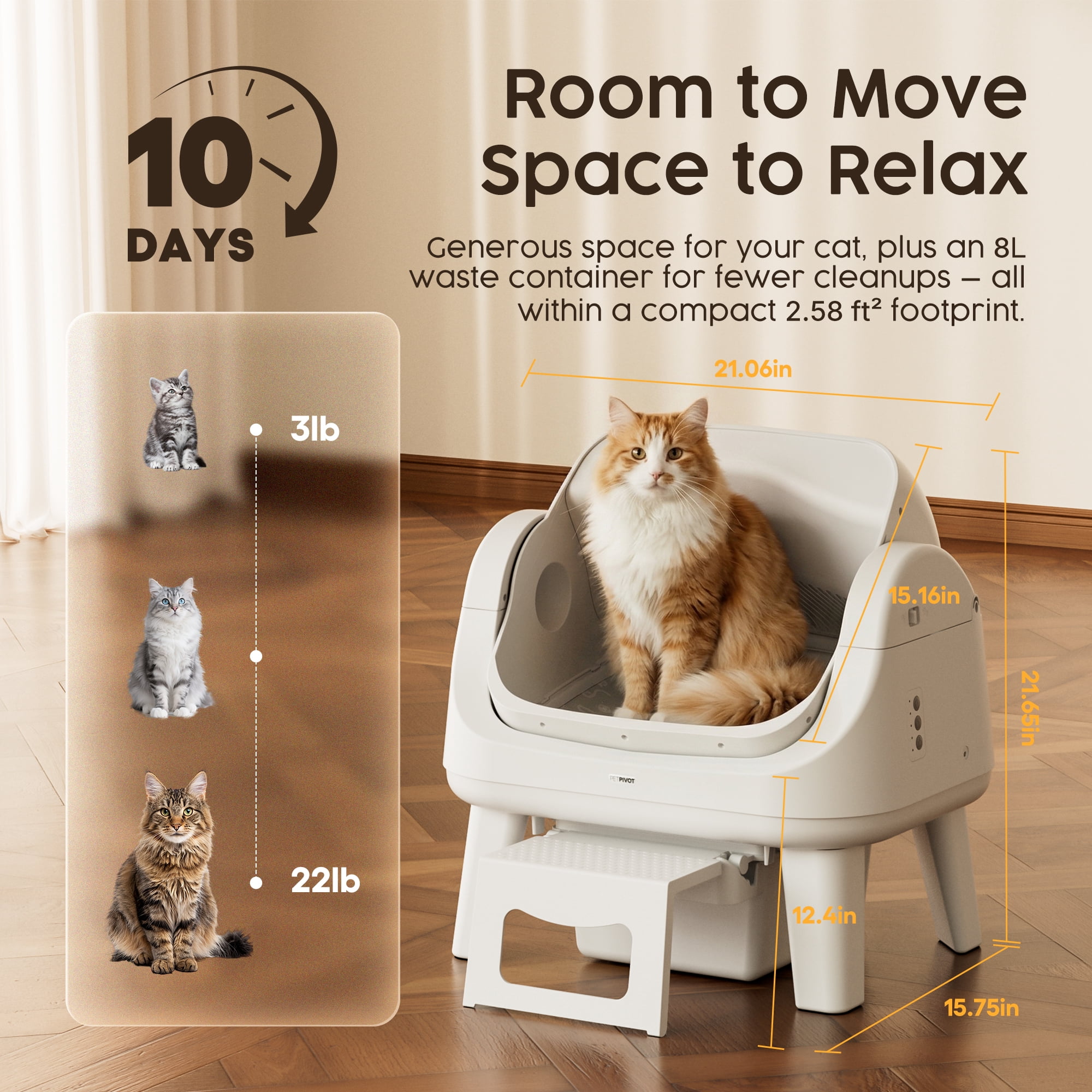 PetPivot AS12 Automatic Cat Litter Box Self-Cleaning with Safety Protection, Liners, Front Entry Step Included, White