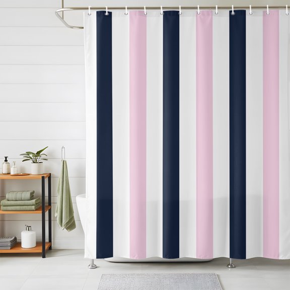 Shower Curtains for Bathroom, Pink Navy Blue Striped Waterproof Fabric Shower Curtain, Farmhouse Stripe Art Decorative Bathroom Curtain for Bathtub, 72"x72", No Hooks Included