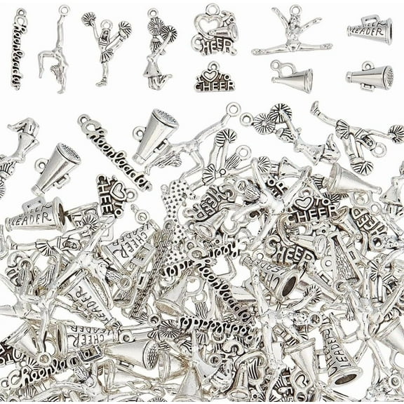 100Pcs 10 Styles Cheerleader Charms Cheerleading Series Tibetan Style Alloy Pendants Silver Charms Gymnastics Sports Charm for DIY Necklace Bracelet Jewelry Making Supplies Silver