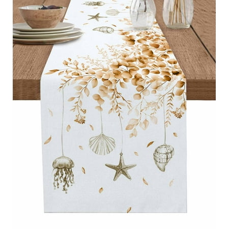 

Orange Coastal Table Runner Summer Eucalyptus Leaves Beach Ocean Starfish Tablerunners 16 x 72 Inch Table Decorations Tabletop Scarf for Summer Gathering Holiday Farmhouse Kitchen Dining Decor