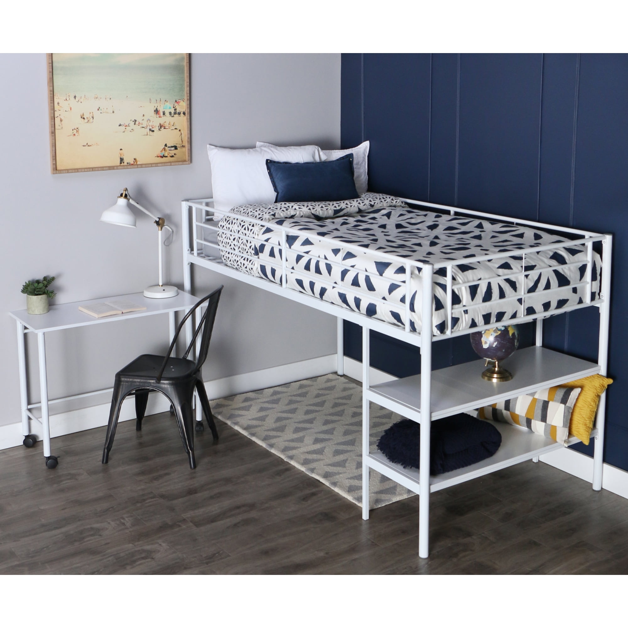 white metal loft bed with desk