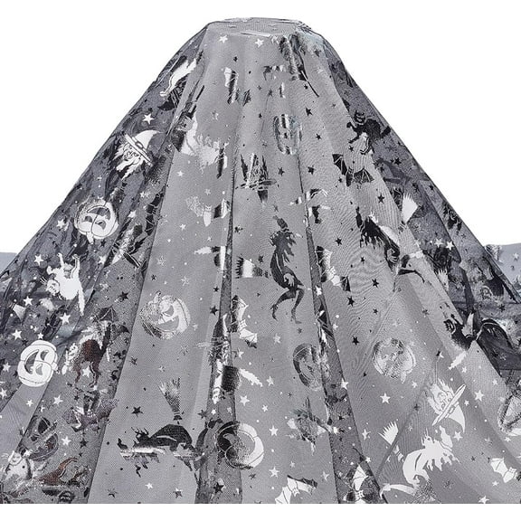 2x1.6m/2.2Yards x 63Inch Witches Silver Foil Tulle Pumpkin Black Web Fabric Cat Bat Pattern Mesh Fabric Rectangle Star Polka Dots Craft Fabrics for Party Decoration
