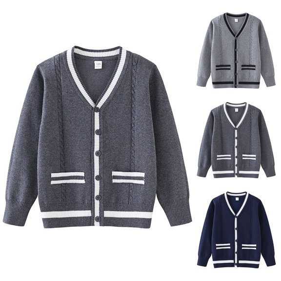 Afuyipoi Boys Cable Knit Cardigan Size 3-13 Color Block Long Sleeve Round Neck Sweater Jacket for Kids Daily Casual Dark Gray Size 5