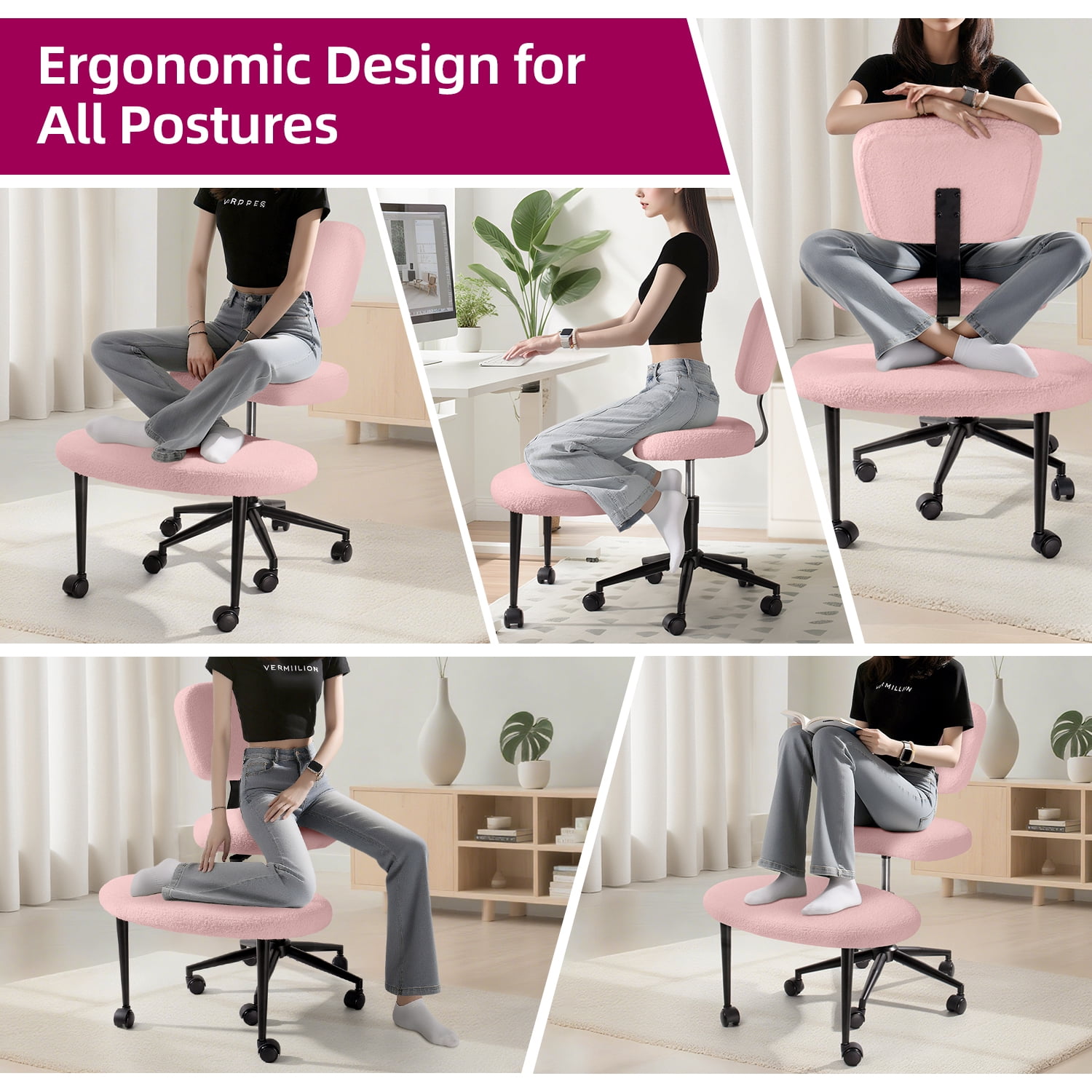 Waleaf Ergonomic Cross Legged Chair, 360° Swivel Height Adjustable Desk Chair with Wheels for ADHD,Teddy Fabric and Lumbar Support