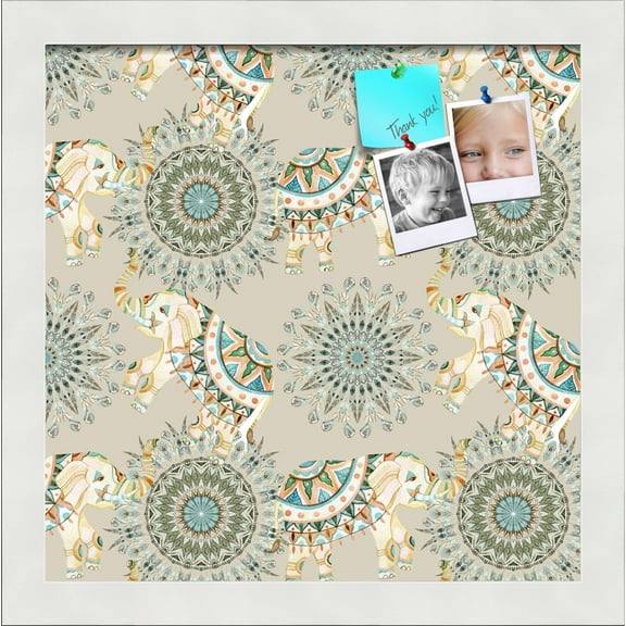 PinPix 12x12 Custom Cork Bulletin Board Bohemian Elephants Beige Poster Board Has a Fabric Style Canvas Finish, Framed in Bohemian Elephants Beige, by ArtToFrames (PinPix-1577)