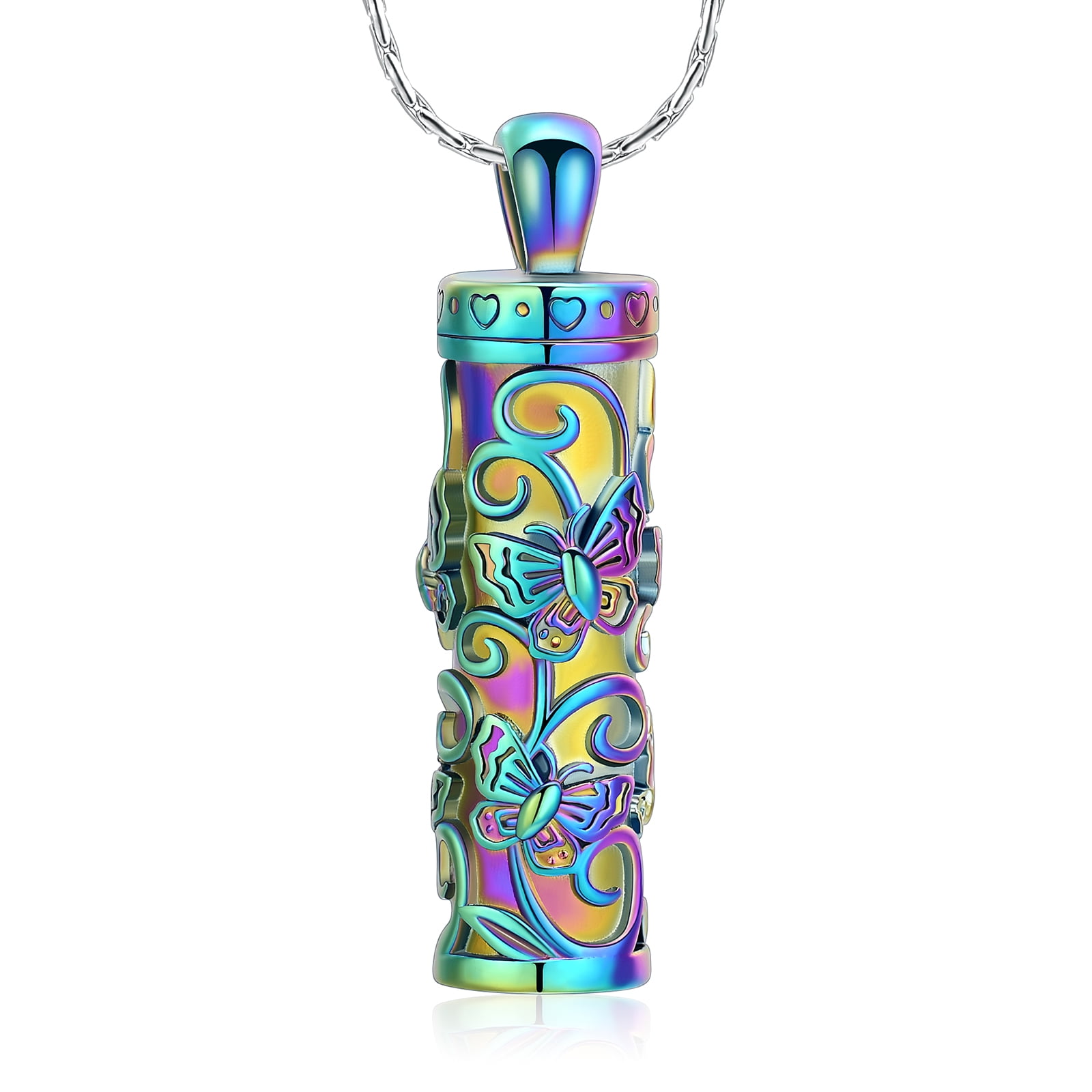 Cylinder Cremation Jewelry Memorial Necklace Butterfly Print Cremation Urn Necklace for Ashes Urn Keepsake with Gift Box