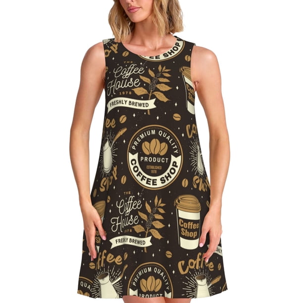 Fotbe coffee shop house Vestido de Verano sin Mangas para Mujer – Vestido Midi Línea A, Estilo Camiseta Floral, Vestido Playero Casual y Fluido