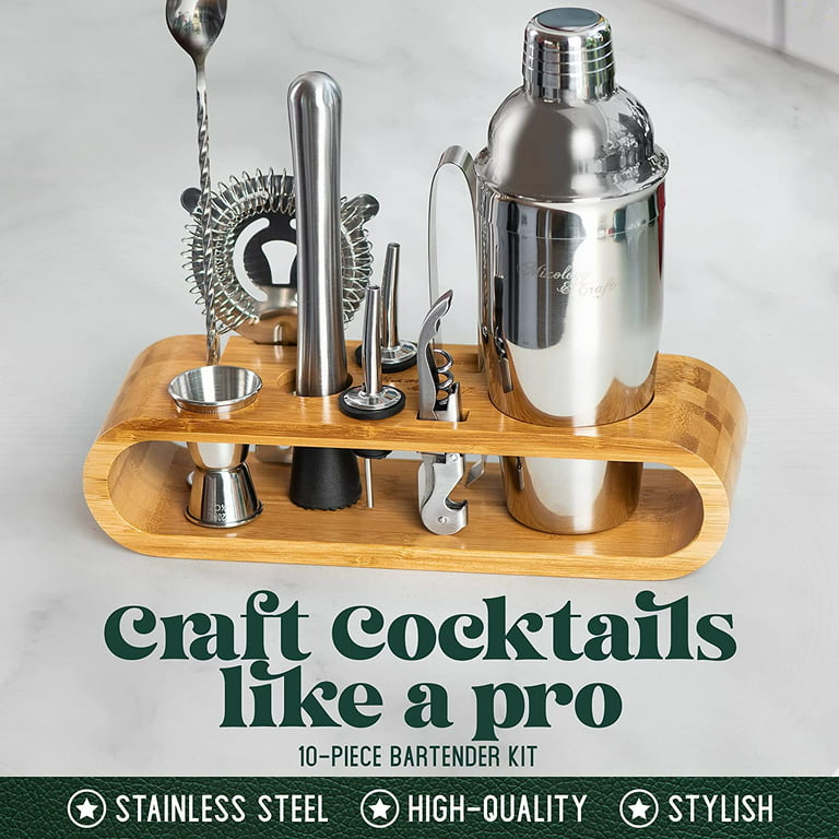 Bartender Kit Cocktail Shaker Set, Inox Steel Bar Tool Set 10 Pcs avec  support en bambou, accessoires de bar à boissons pour barman professionnel  à domicile
