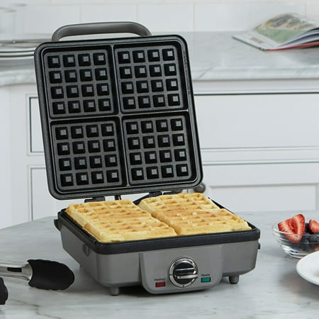Breakfast Central Belgian Waffle Maker with Pancake Plates, Brushed