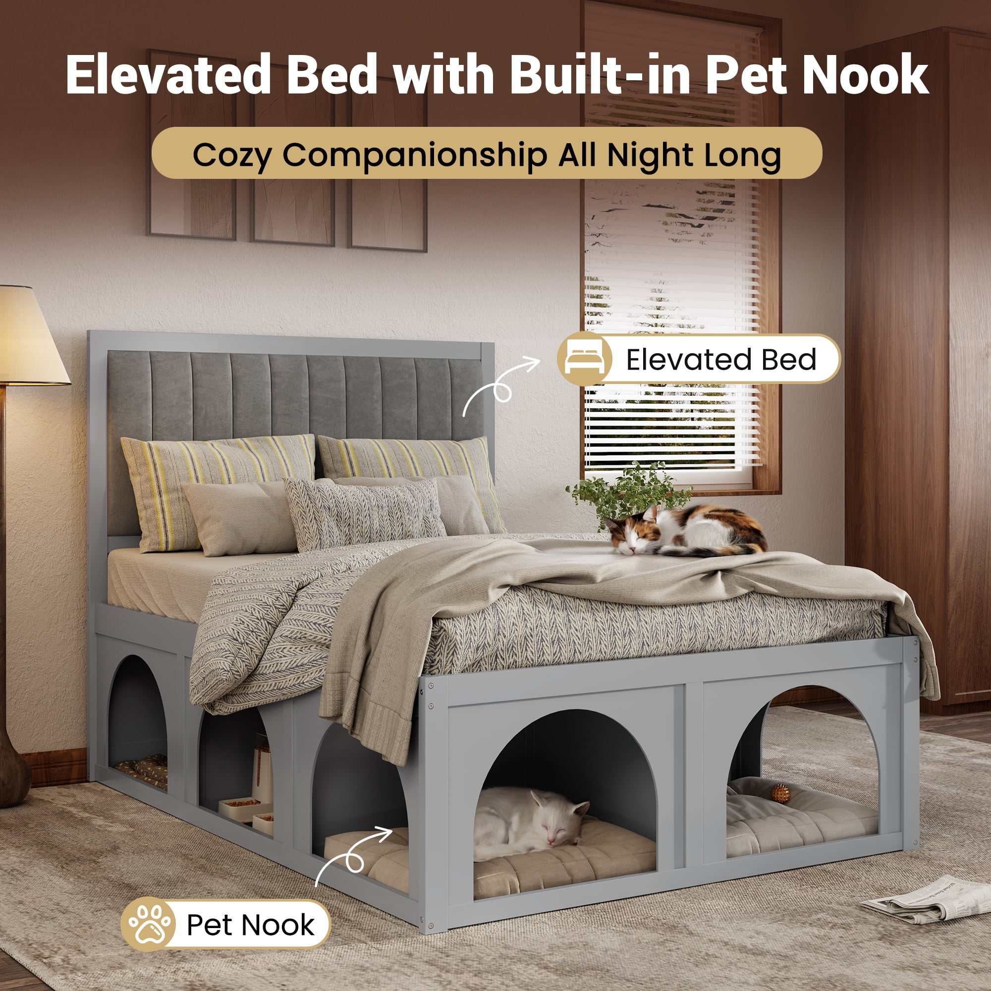 Mintazer Full Size Upholstered Platform Bed Frame with Under‑Bed Pet Nook, Channel Tufted Headboard Bed for Bedroom, Black