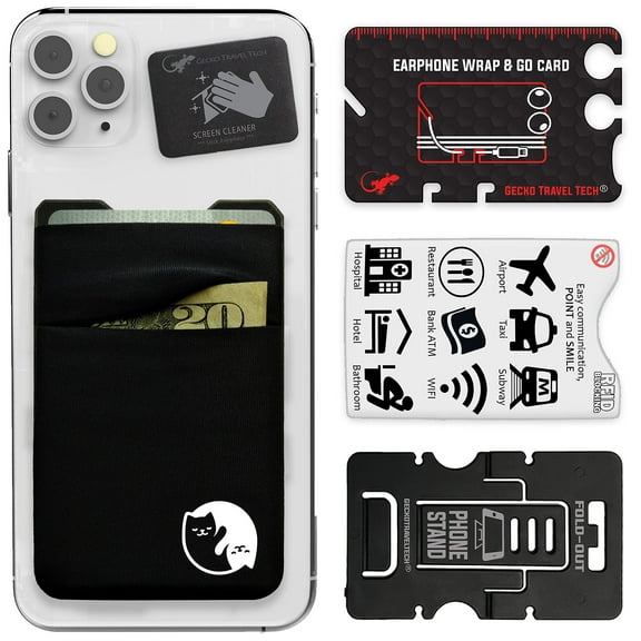 Double Pocket - Adhesive Card Holder - Cell Phone Pouch - Stick on Lycra Pocket - Carry Credit Cards and Cash - YIN YANG CAT