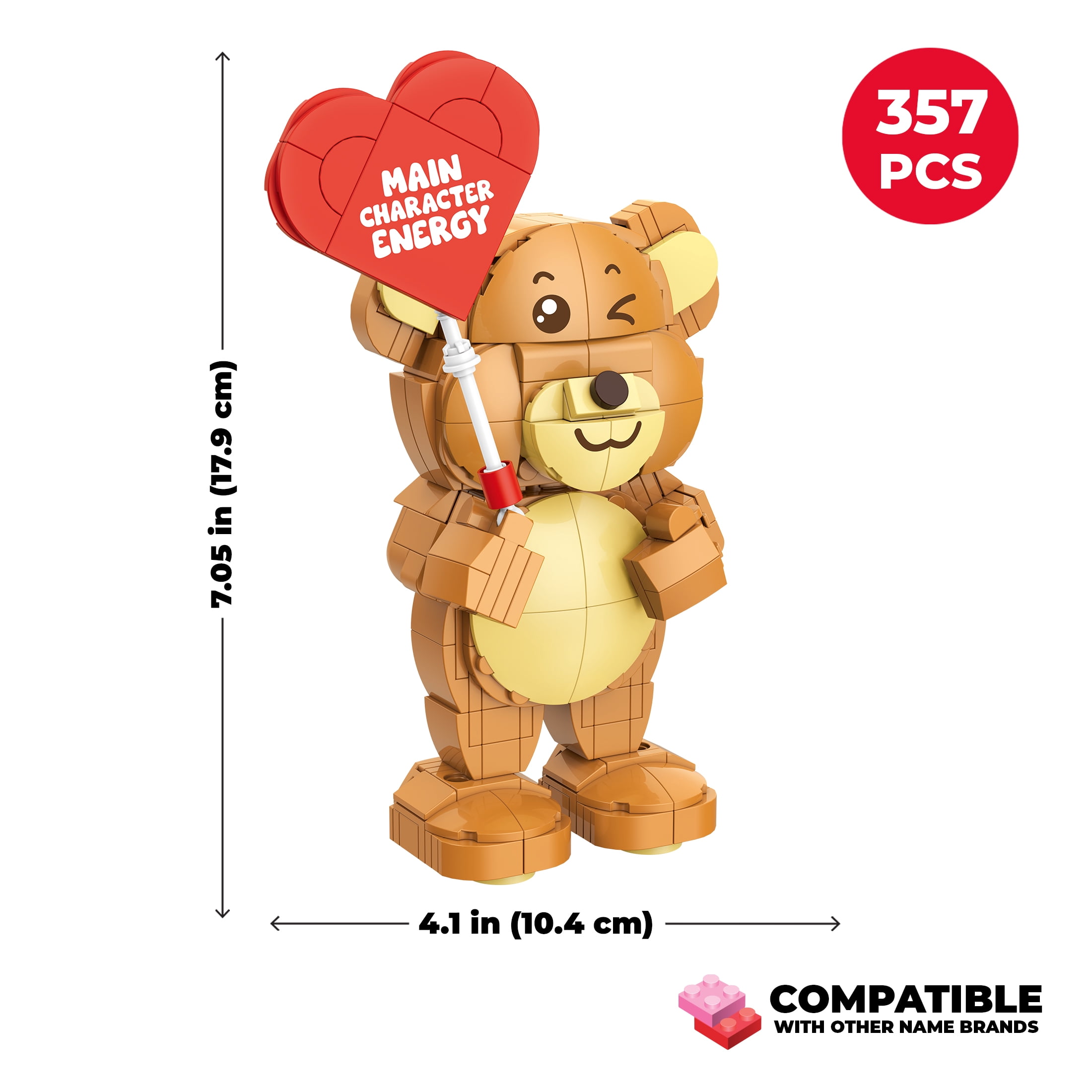 Brickcraft Bricktanicals Bricky Bear Building Kit (357-Piece Set), Teddy Bear Brick Toy, Valentine's Day Gift, Customizable Message Stickers, Poseable Figure, Collectible Display, Sits or Stands