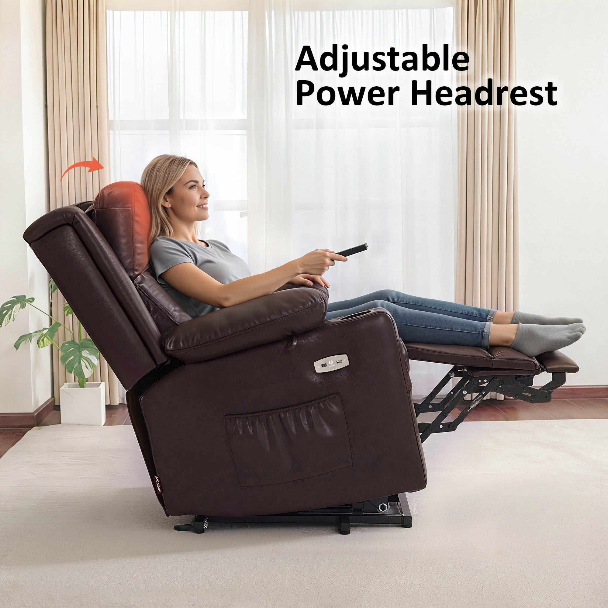 MCombo Triple Motor Power Lift Recliner Chair, Adjustable Headrest, Faux Leather(Dark Brown)