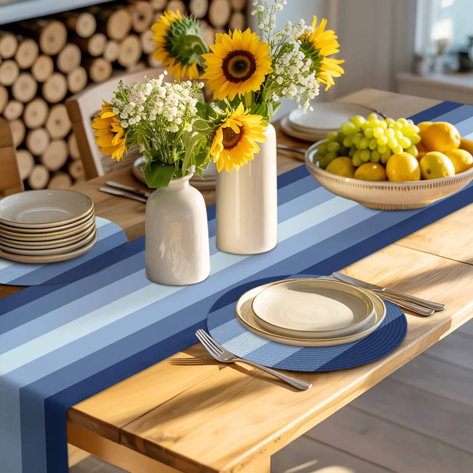 Navy Blue Ombre Round 15 Inch Placemats Set of 8, Gradient Navy Blue Woods Farmhouse HeatResistant Non Slip Place Mats for Dining Table, Wipeable Braided Kitchen Table Mats for Housewarming