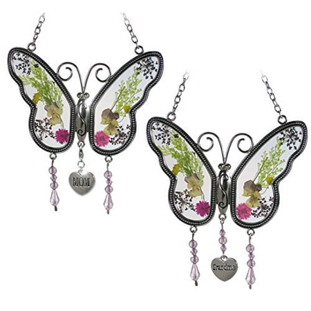 Mom & Grandmother Butterfly Suncatcher Set with Pressed Flower Wings - Butterfly...