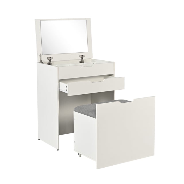 Tocador Vanity Ivory Relan Con Espejo y Banco Color Blanco