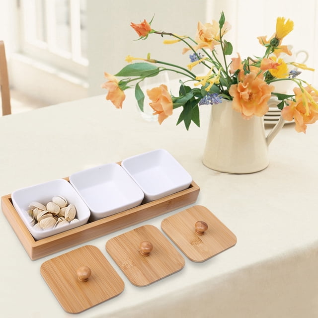 Snack Serving Plate Ceramic Desserts Tray with Bamboo Plate Cover Size Optional Appetizer Serving Plate(Three grids with lid)