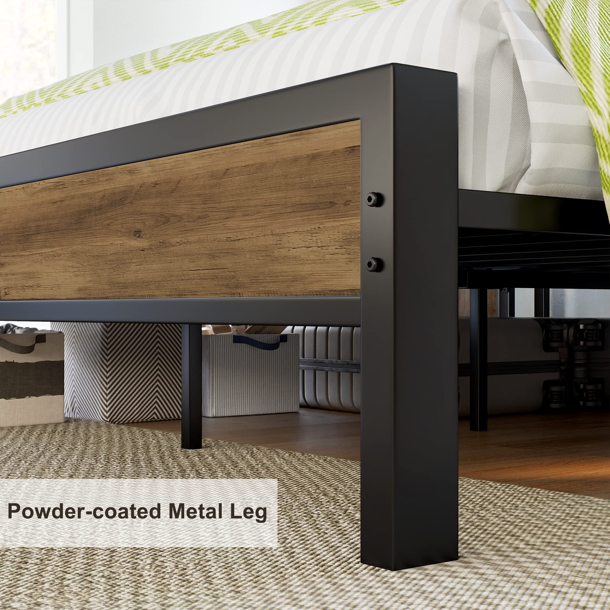 VanAcc Metal King Size Bed Frame with 2-Tier Storage Headboard and Charging Station, Light Brown