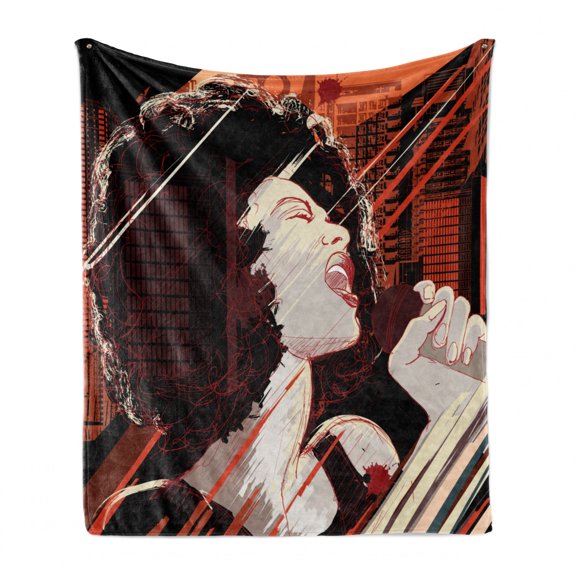 African Soft Flannel Fleece Throw Blanket, Jazz Singer Woman Performing on the Grunge Background Musical Sound Illustration, Cozy Plush for Indoor and Outdoor Use, 50" x 60", Black Red, by Ambesonne