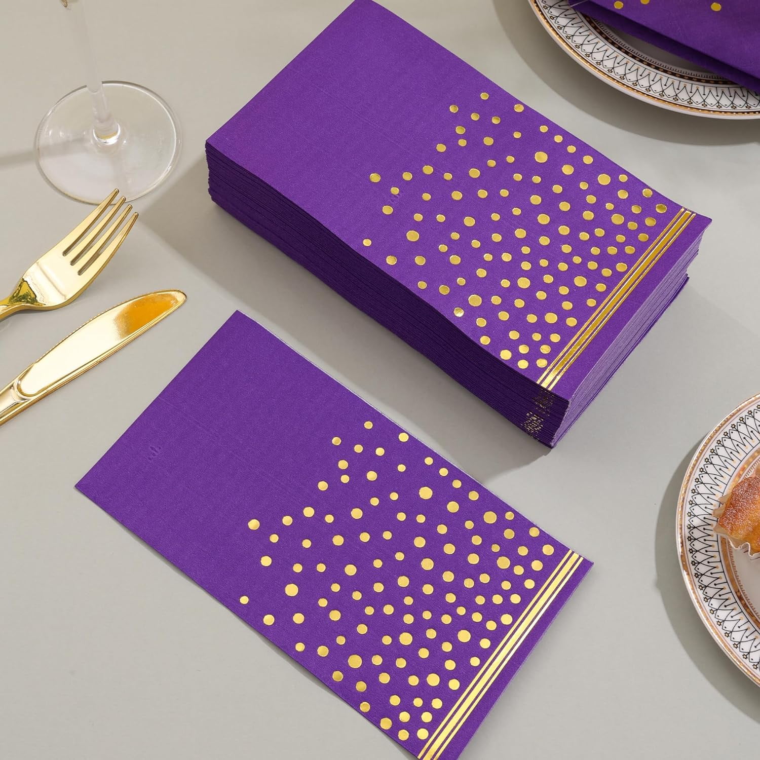100 Pcs Purple Paper Napkins Disposable - Purple Gold Dot Dinner Party Napkins for Bathroom Wedding Anniversary Birthday Mardi Gras Party Supplies