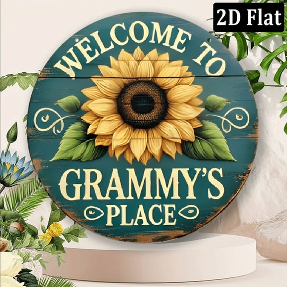 2D Flat, Welcome to Grammy's Place_ Vintage Round Metal Wall Sign - Rustic Sunflower Design, Teal Background,8*8 Inch Retro Home Decor for Kitchen, Bar, or Garage - Perfect Gift for Family & Frie