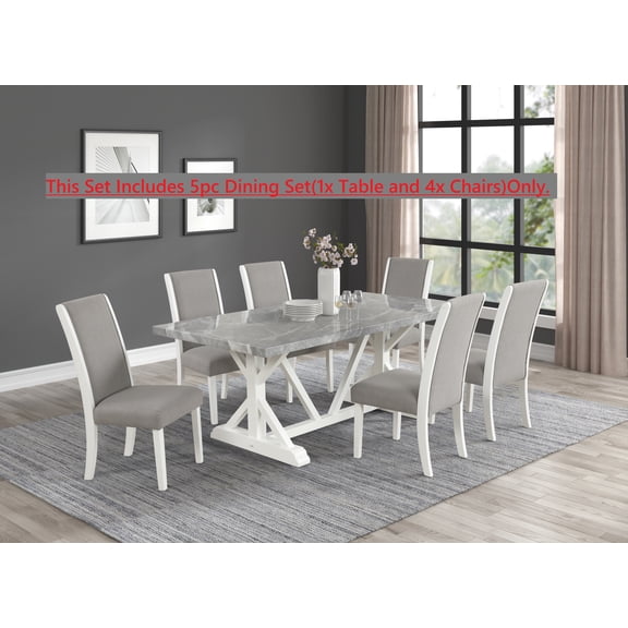 Contemporary Faux Marble Top Fully Upholstered Chairs Gray White 5pc Set