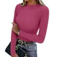thumbnail image 2 of Fshiont Y2k Womens Long Sleeve Stretch Mock Neck Ribbed T-Shirt Slim Fit Casual Basic Tops Hot Pink One Size, 2 of 7